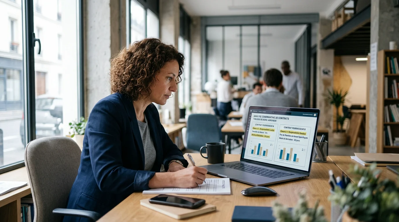 Dirigeant de PME comparant des clauses de contrat sur un tableau de bord d'analyse juridique