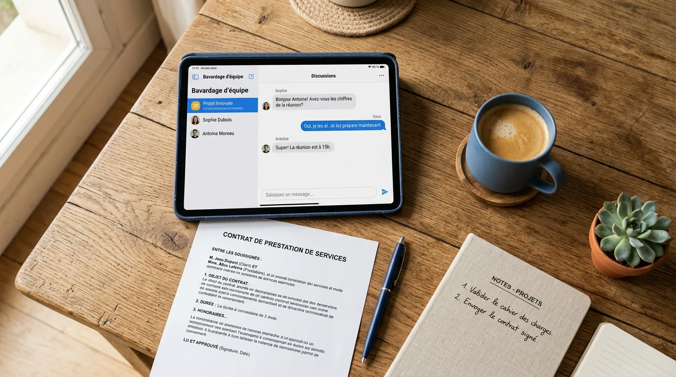 Bureau avec tablette, contrat imprimé et stylo illustrant l'usage d'une IA générative sur des documents