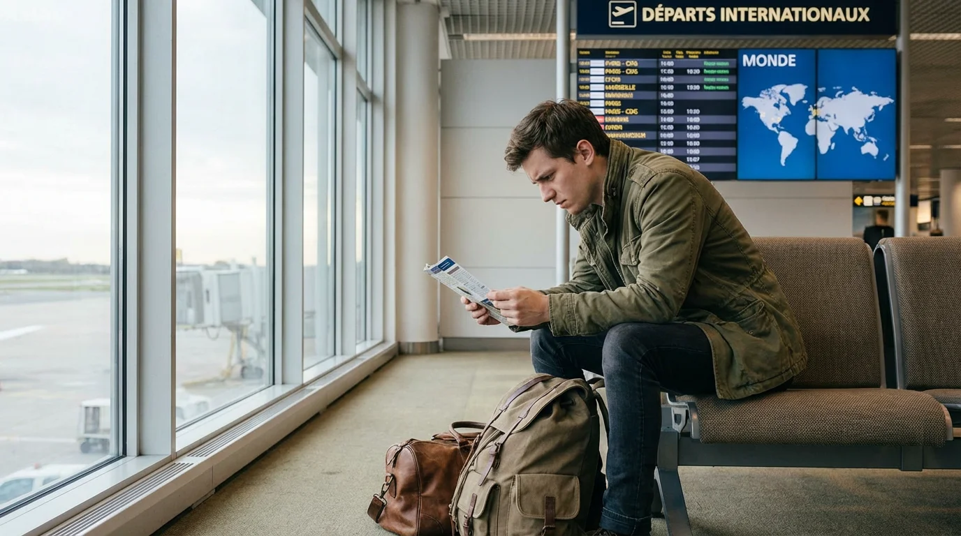Voyageur européen réfléchissant à son départ en mission humanitaire dans un aéroport
