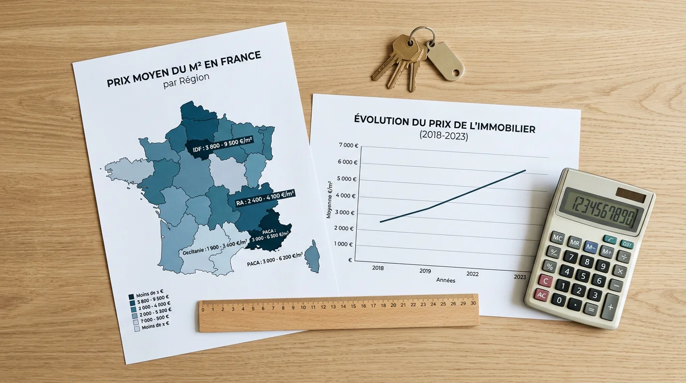 Bureau d'estimation immobilière avec carte des prix et graphique d'évolution en France