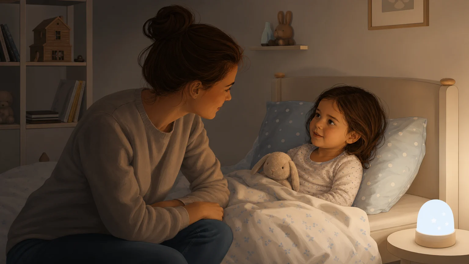 Parent rassurant calmement un enfant éveillé dans son lit pendant la nuit.