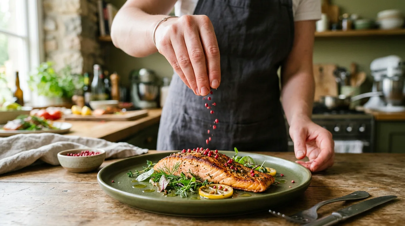 Baies roses concassées parsemées sur un filet de saumon