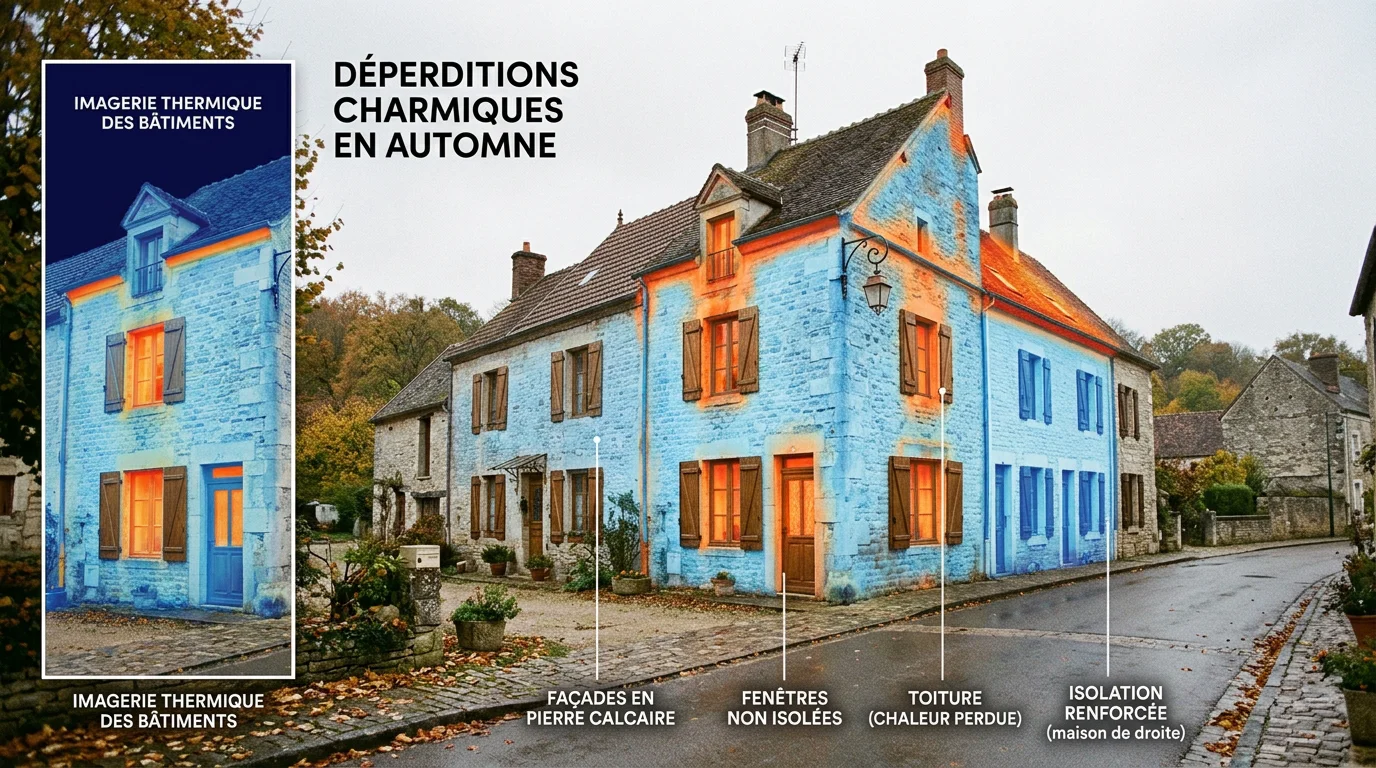 Maisons anciennes françaises visualisées en caméra thermique montrant les pertes de chaleur