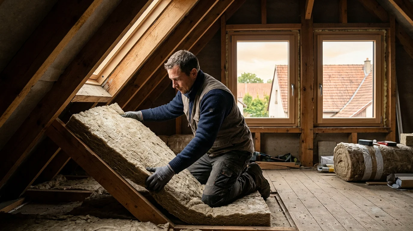 Ouvrier posant de l'isolant dans les combles d'une maison en rénovation énergétique