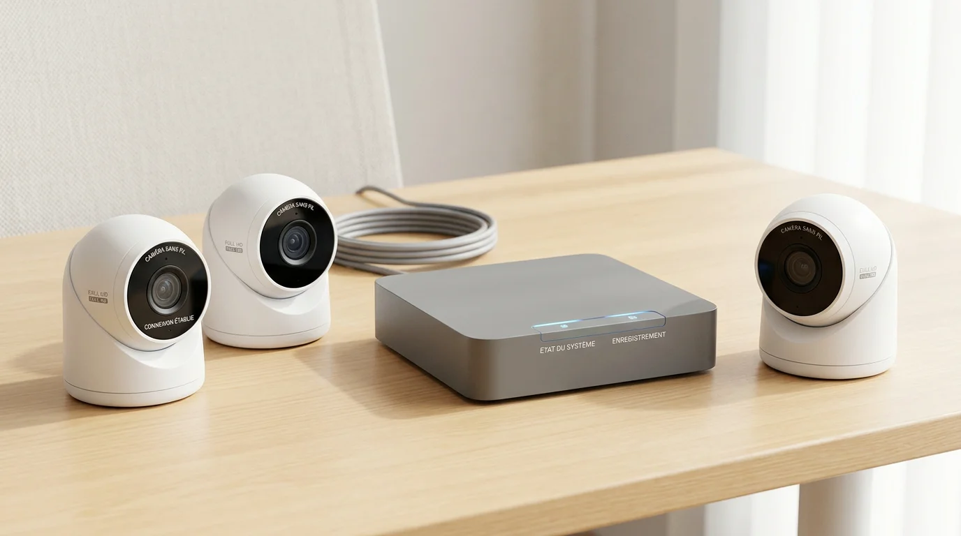 Enregistreur WiFi et caméras de surveillance sans fil posés sur un bureau