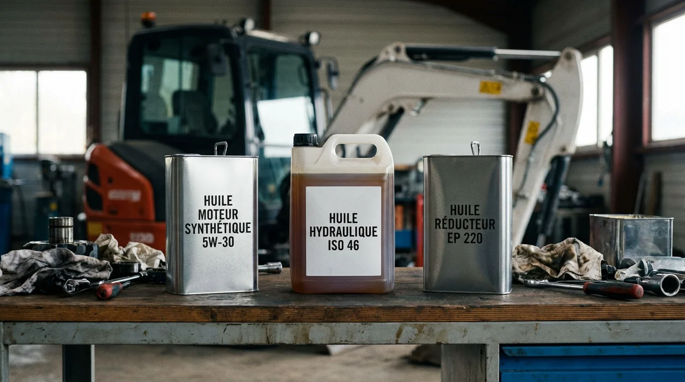 Trois types d'huile pour mini-pelle : moteur, hydraulique et réducteur sur un établi d'atelier