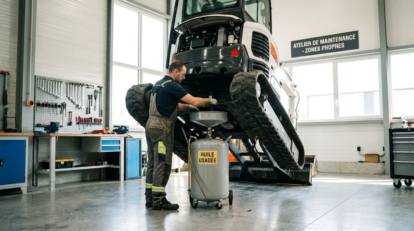 Technicien réalisant la vidange d'huile moteur d'une mini-pelle en atelier