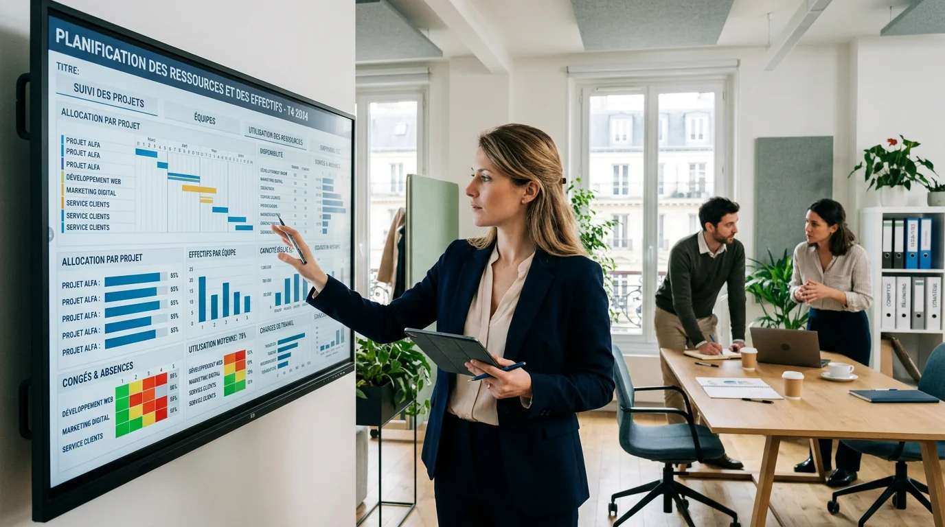 Consultants européens analysant un tableau de bord de staffing et de rentabilité