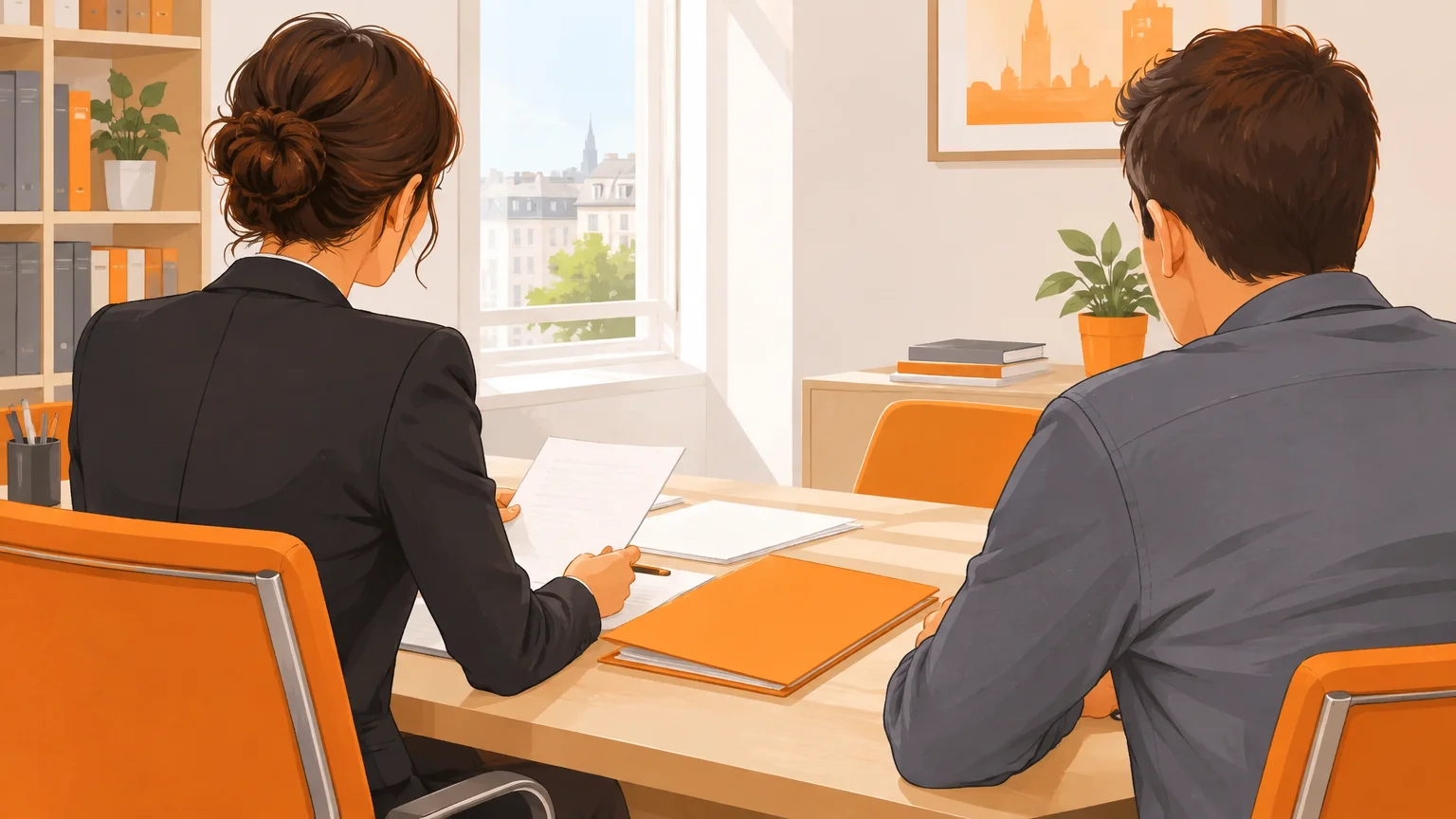Un client et un avocat examinent des documents autour d’une table, visages non visibles