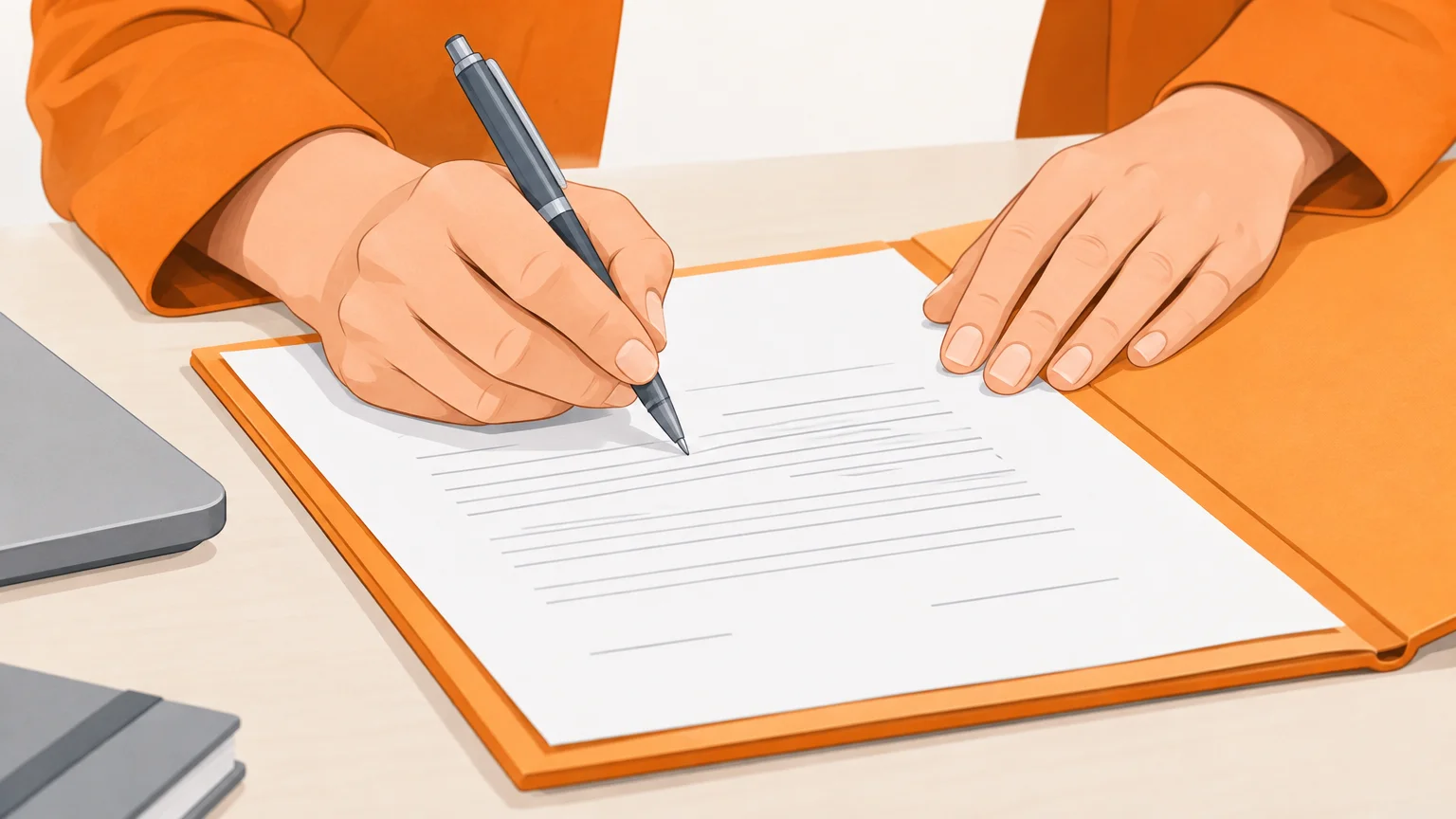 Gros plan de mains signant une feuille dans un dossier de couleur orange