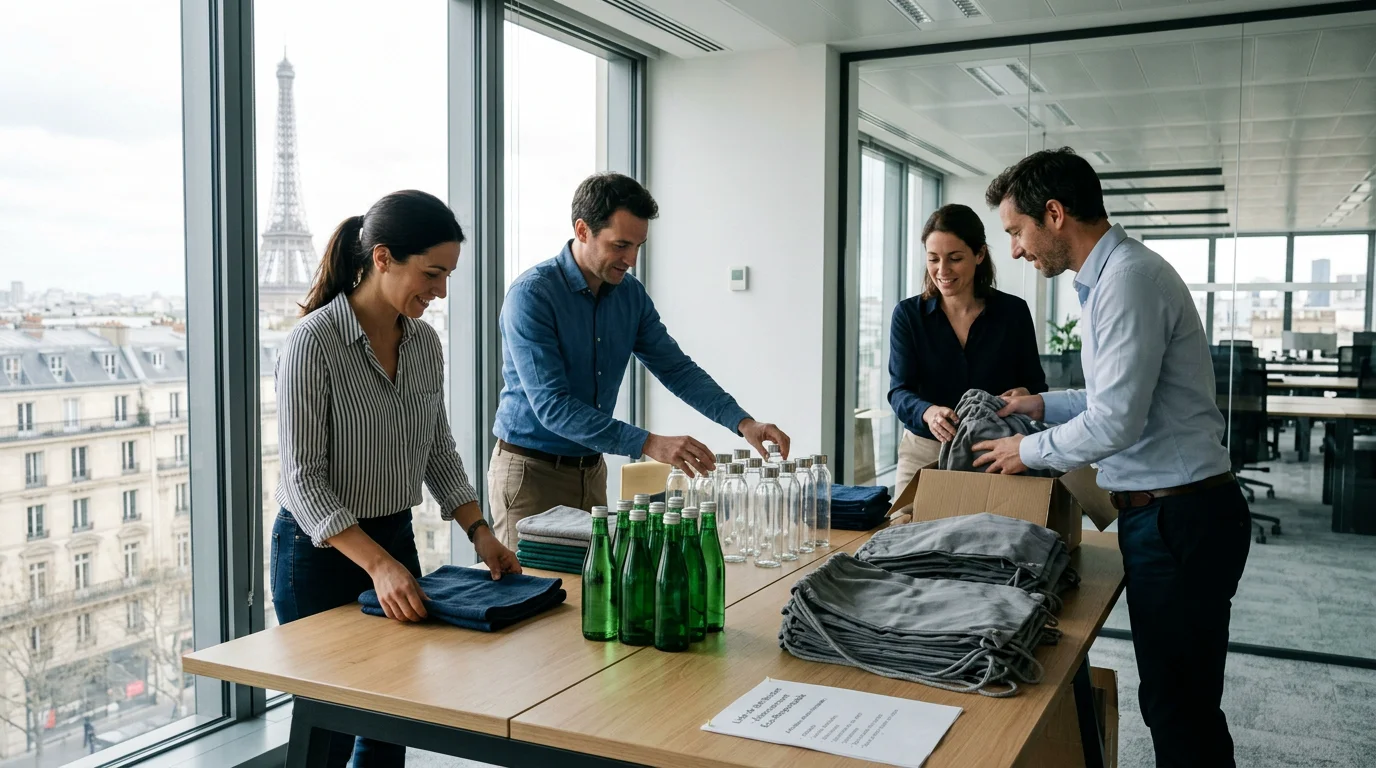 Équipe marketing préparant des objets publicitaires sportifs pour distribution