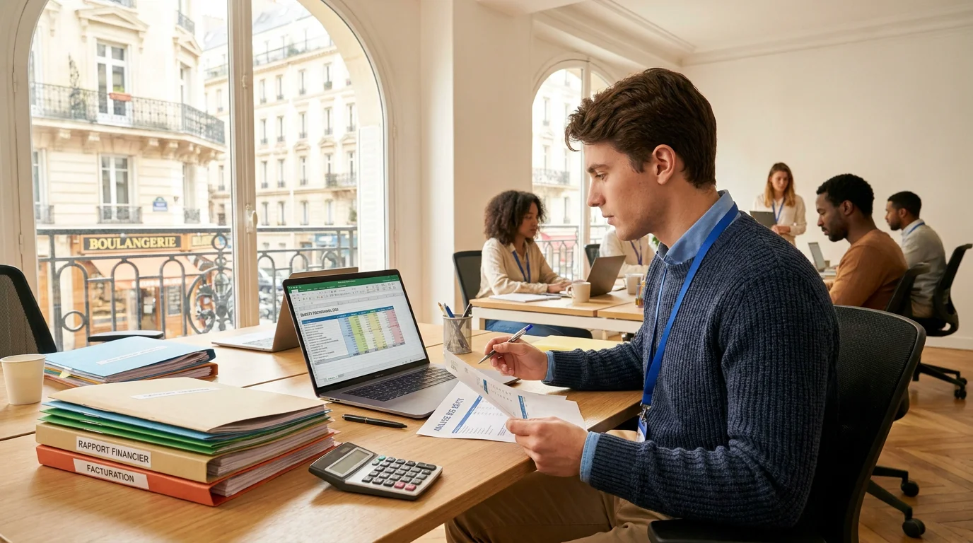 Stagiaire en comptabilité travaillant dans un bureau moderne en France