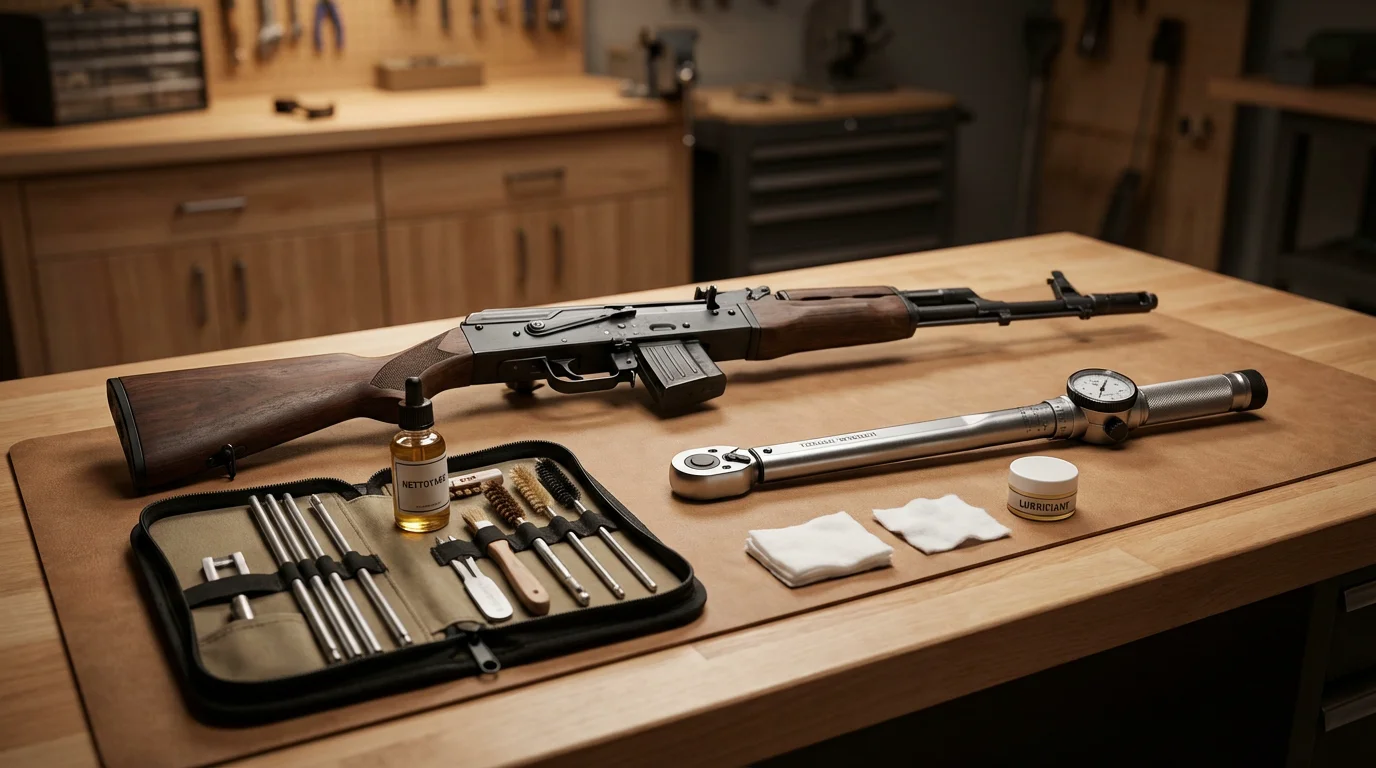 Carabine semi-automatique sur un établi d'atelier avec outils de précision