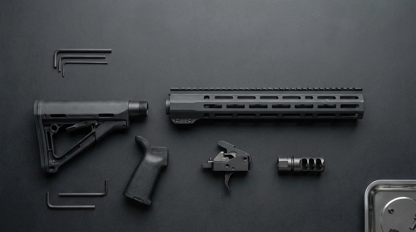 Accessoires de carabine semi-automatique disposés sur une surface sombre