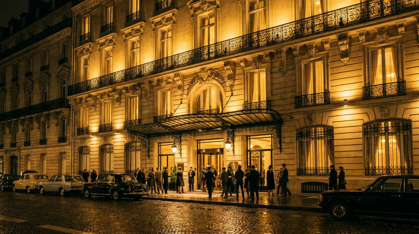 Immeuble haussmannien parisien illuminé de nuit évoquant un club de jeux haut de gamme