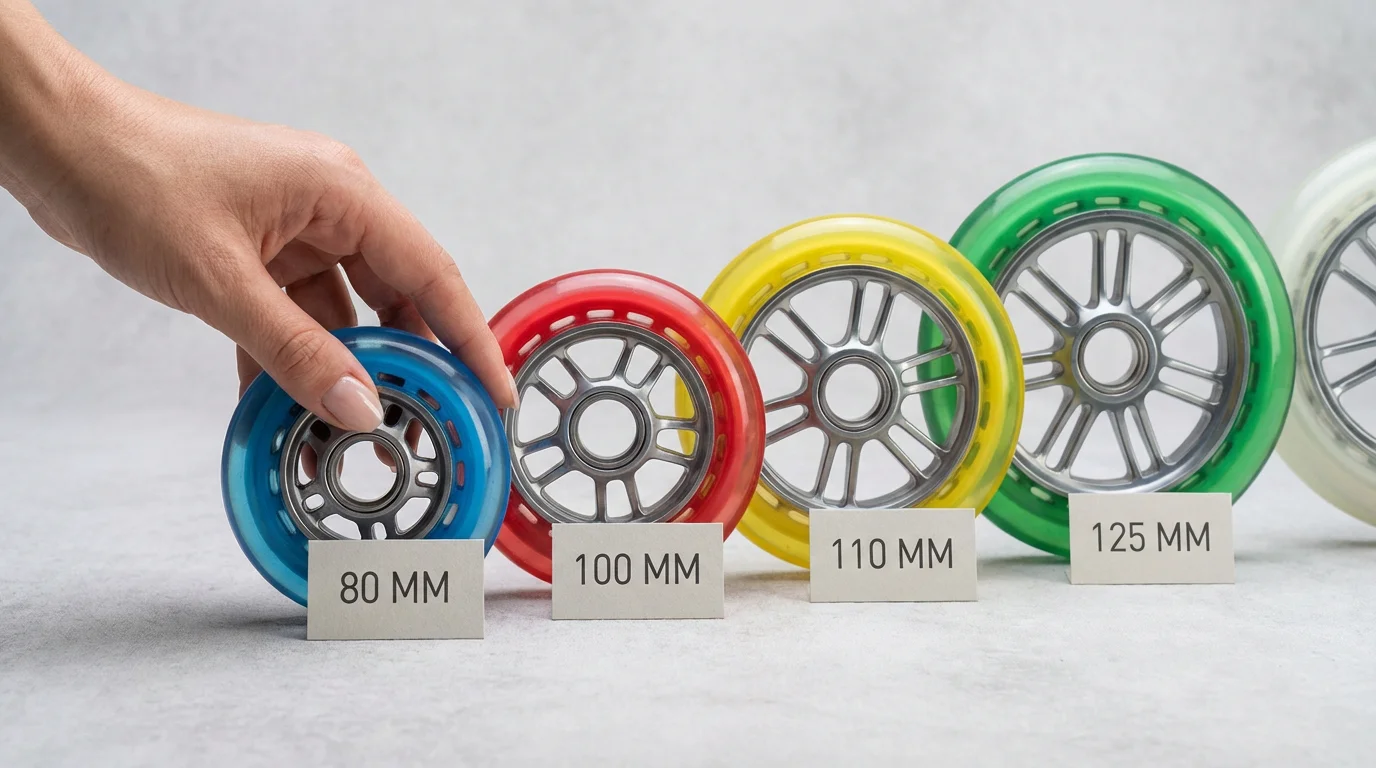 Roues de roller de différents diamètres alignées sur fond clair