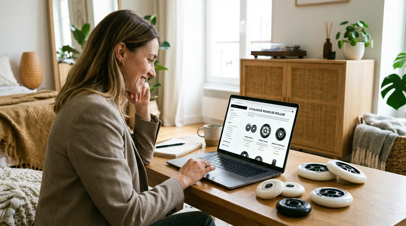 Personne consultant un catalogue de roues roller en ligne sur ordinateur portable