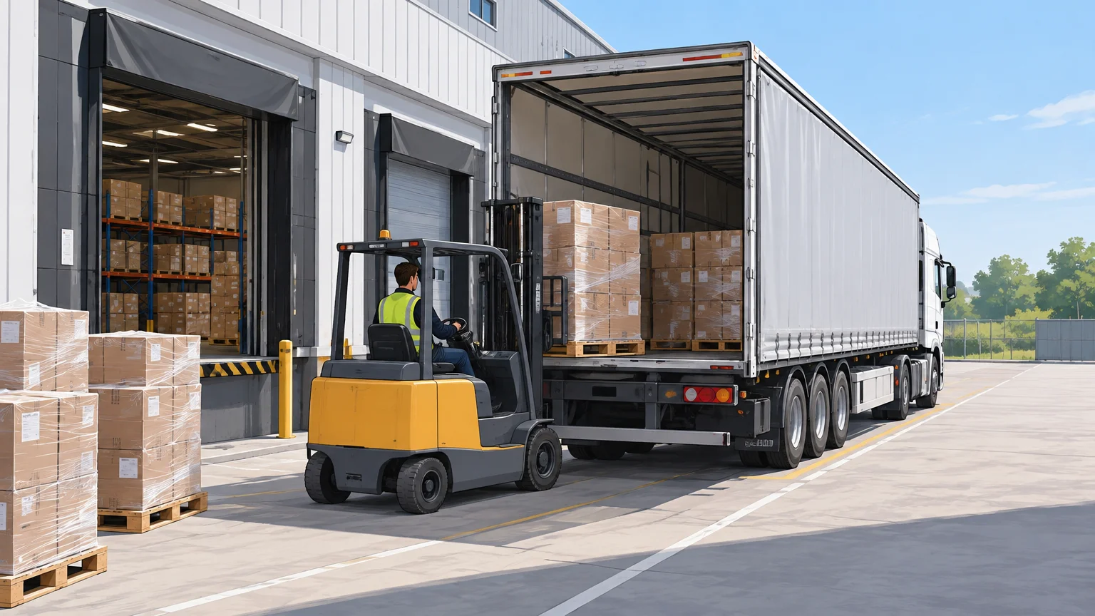 Des palettes sont chargées dans un camion sur le quai d’une entreprise.