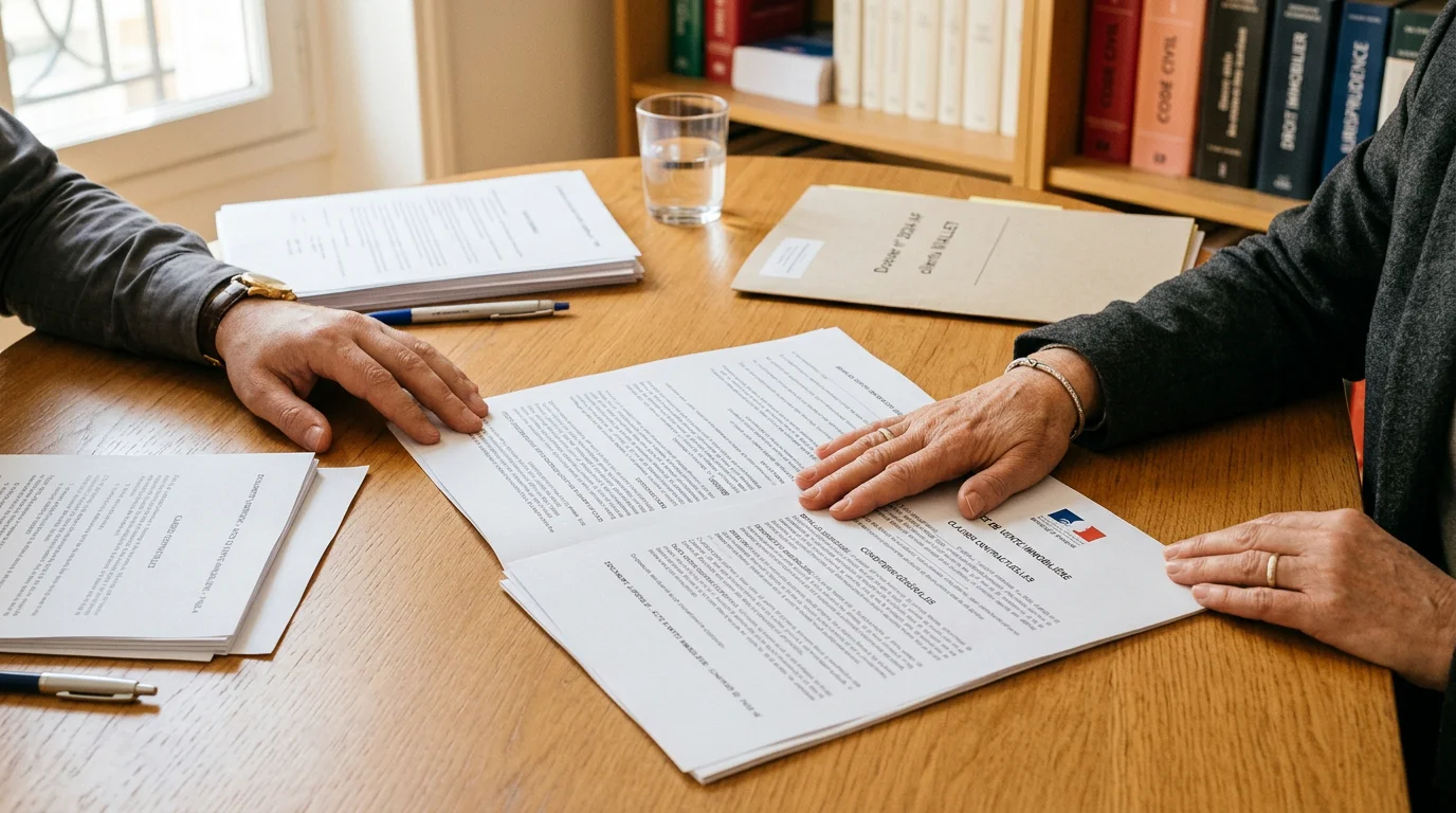 Échange discret entre un client et son avocat autour de documents juridiques