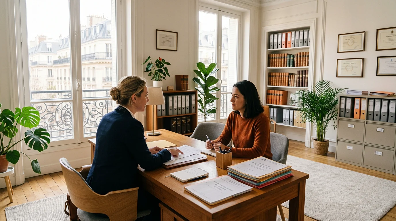 Consultation dans un cabinet d'avocat lumineux à Paris