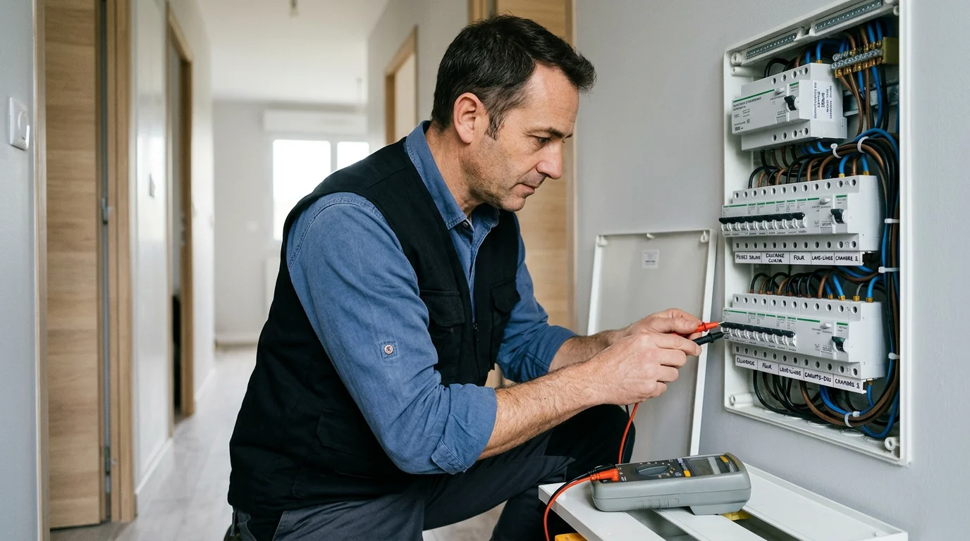 Diagnostiqueur inspectant un tableau électrique résidentiel