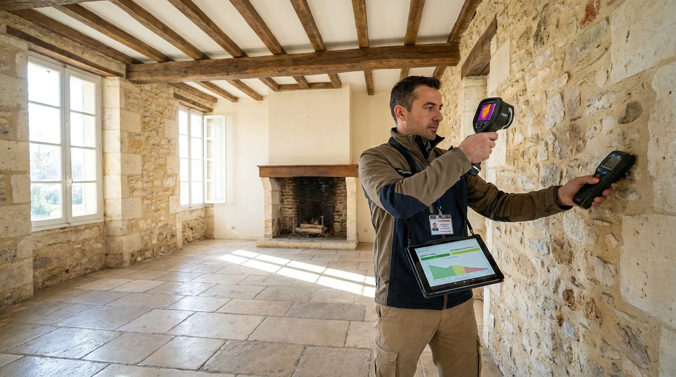 Diagnostiqueur immobilier certifié inspectant un logement ancien avec un appareil de mesure