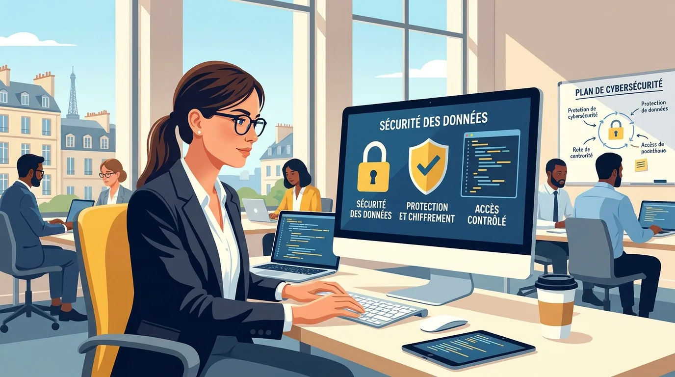 Stagiaire en cybersécurité travaillant sur un écran avec des icônes de sécurité informatique