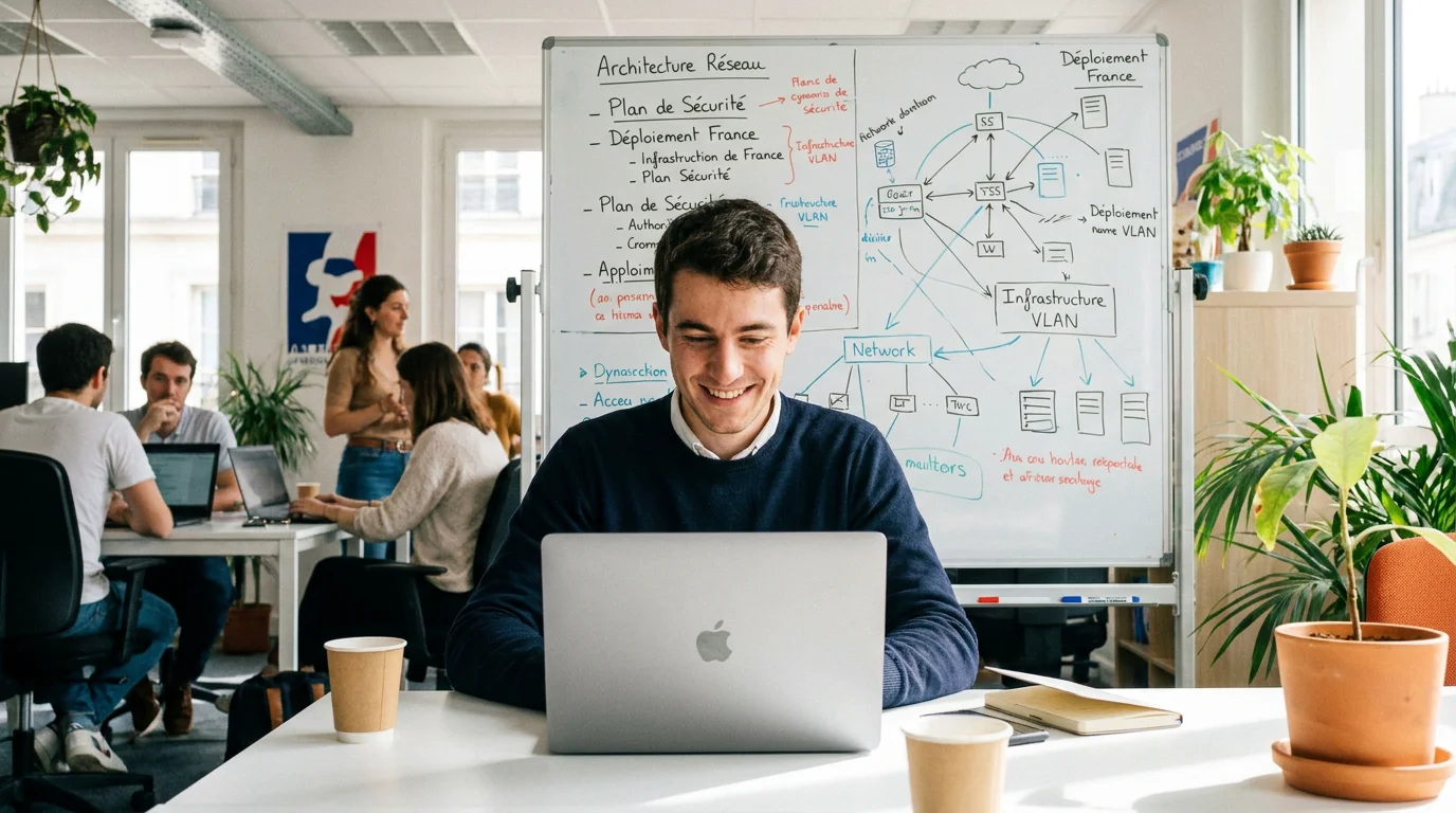Étudiant recherchant un stage en cybersécurité sur un ordinateur portable dans un espace de coworking