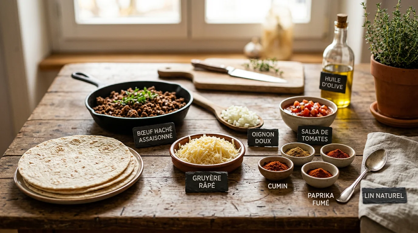 Ingrédients pour préparer des tacos gratinés au four pour quatre personnes