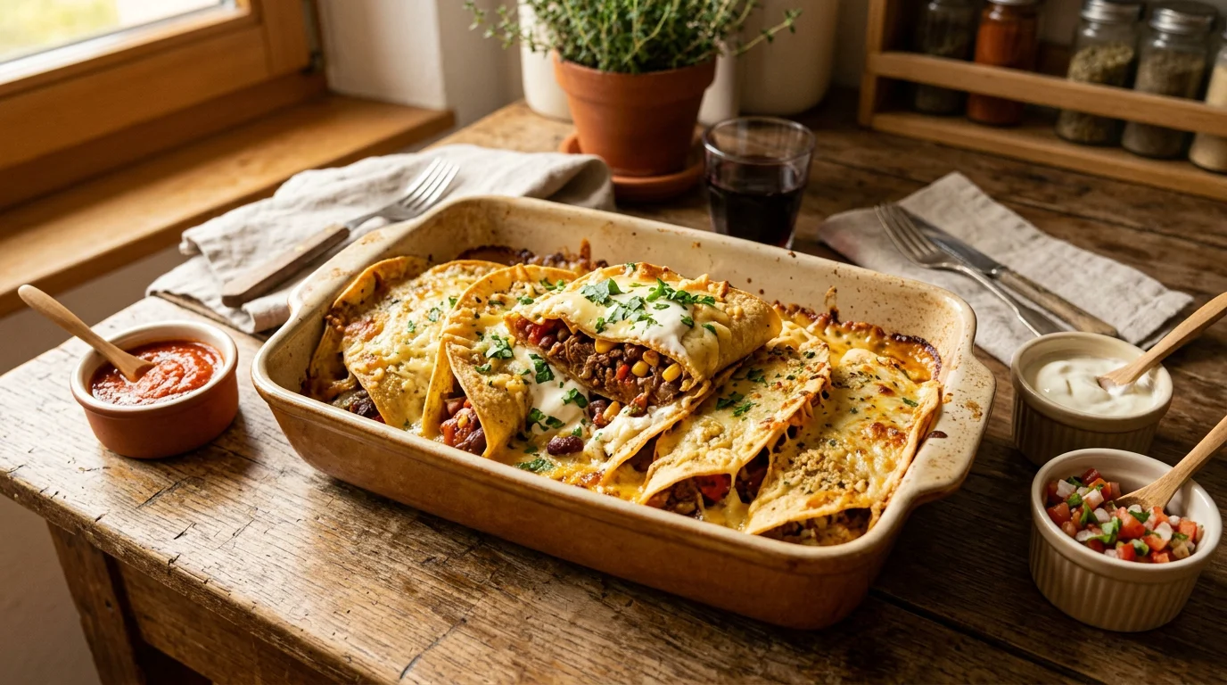 Tacos gratinés au four dorés sortant du plat avec fromage fondant