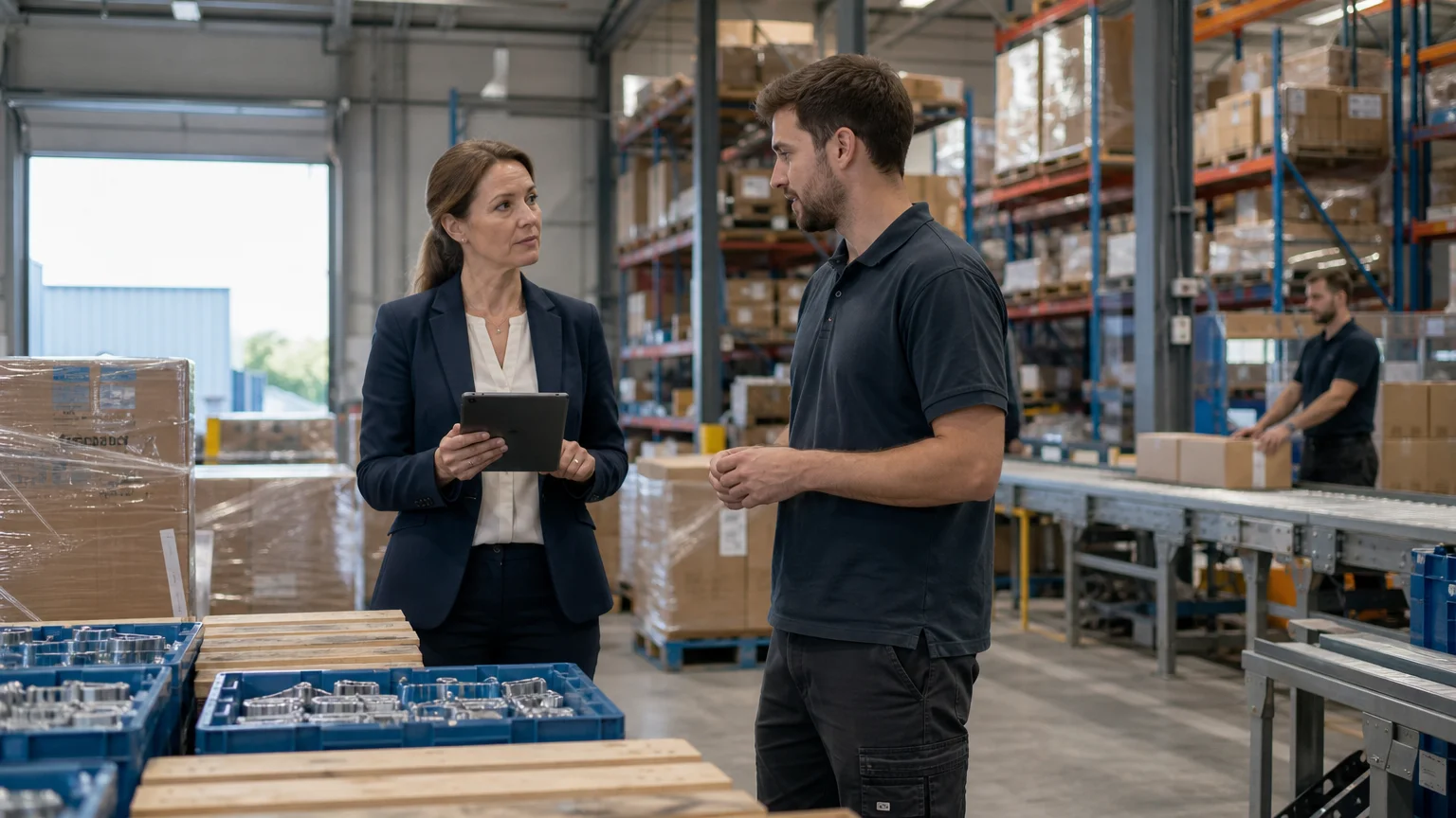 Responsable supply chain contrôlant des stocks dans un entrepôt industriel