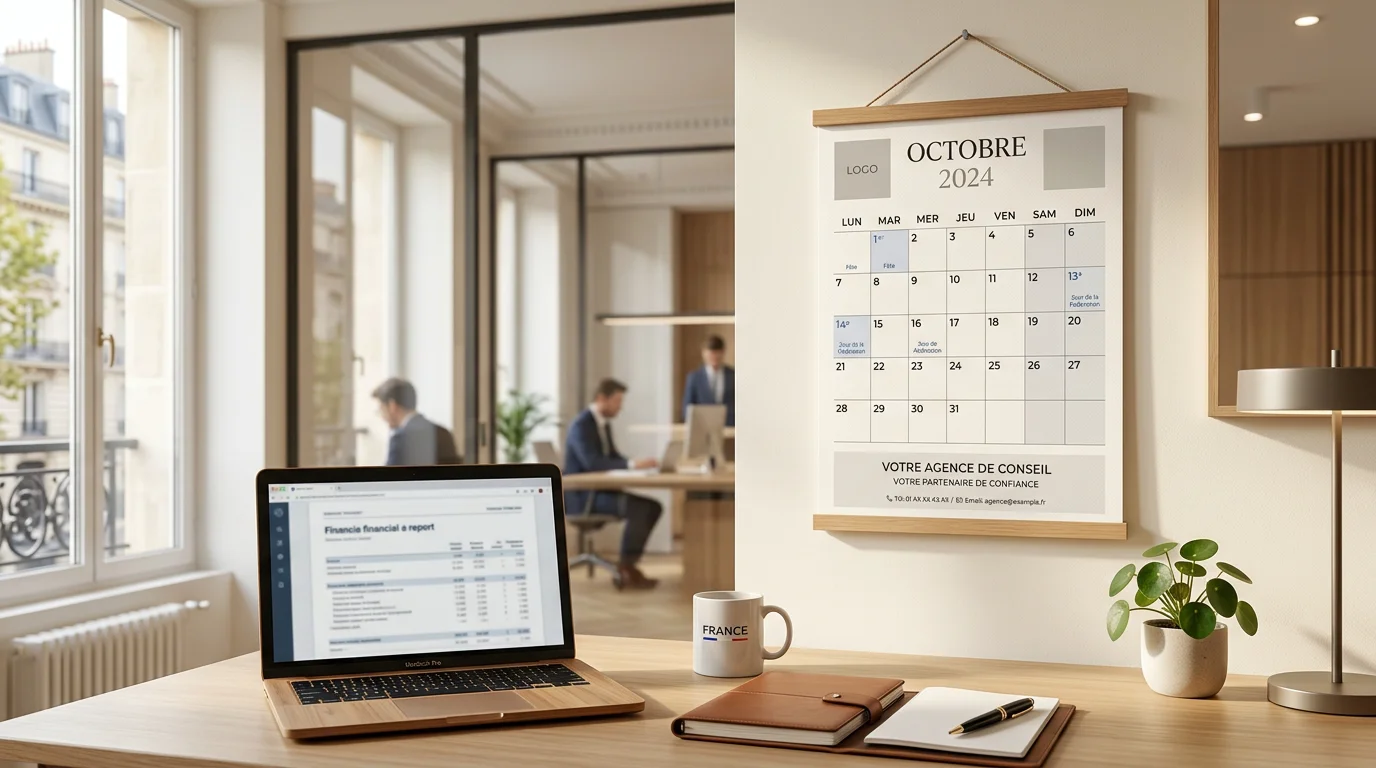 Calendrier bancaire publicitaire personnalisé accroché au-dessus d'un bureau