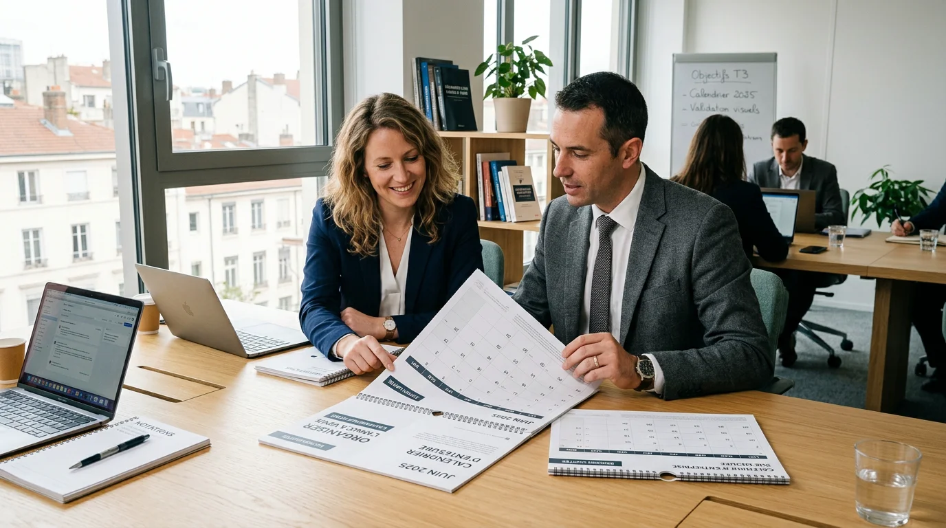 Deux professionnels examinent des maquettes de calendriers personnalisés