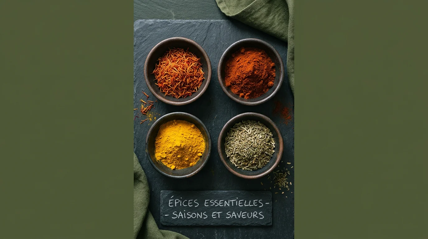 Bols d'épices pour paëlla : safran, paprika, curcuma et herbes séchées