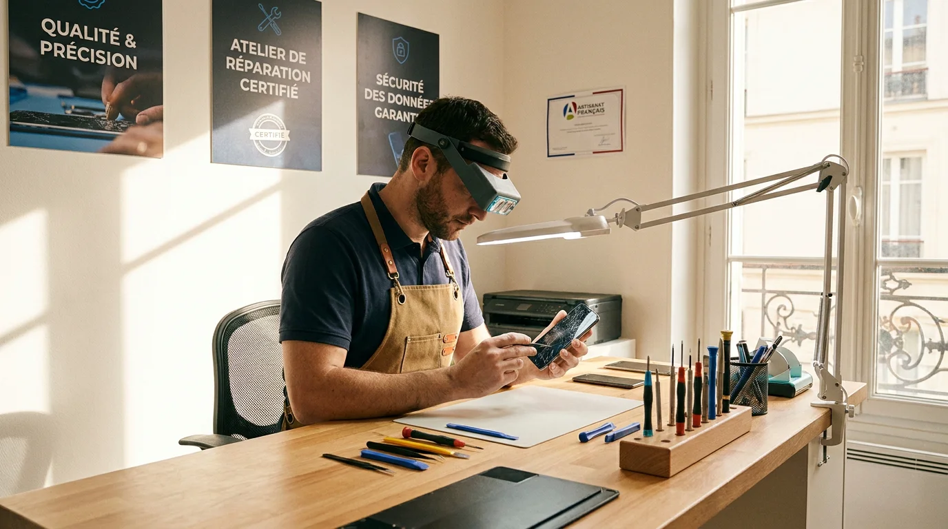Technicien réparant un smartphone avec écran fissuré dans un atelier professionnel