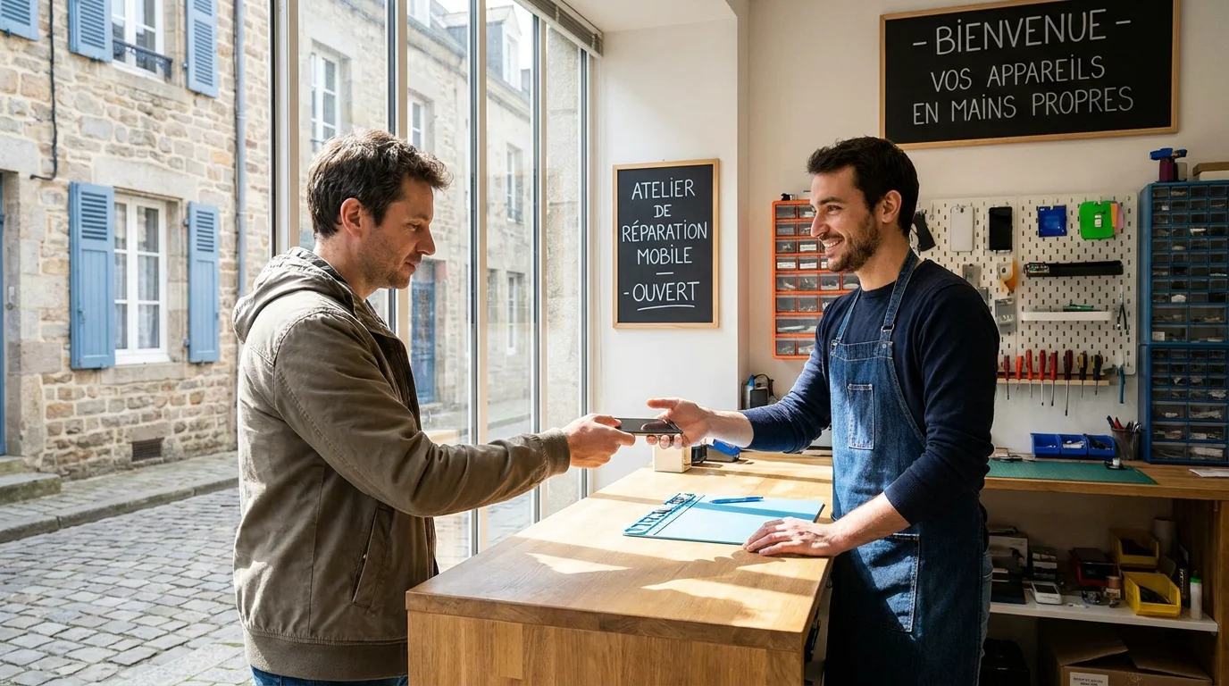 Client confiant son smartphone à un réparateur dans une boutique locale