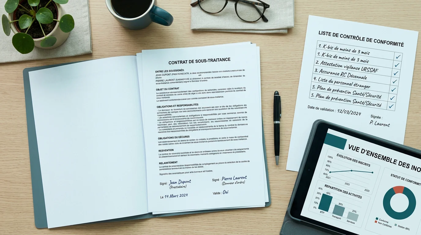 Contrat de sous-traitance et check-list de conformité sur un bureau organisé