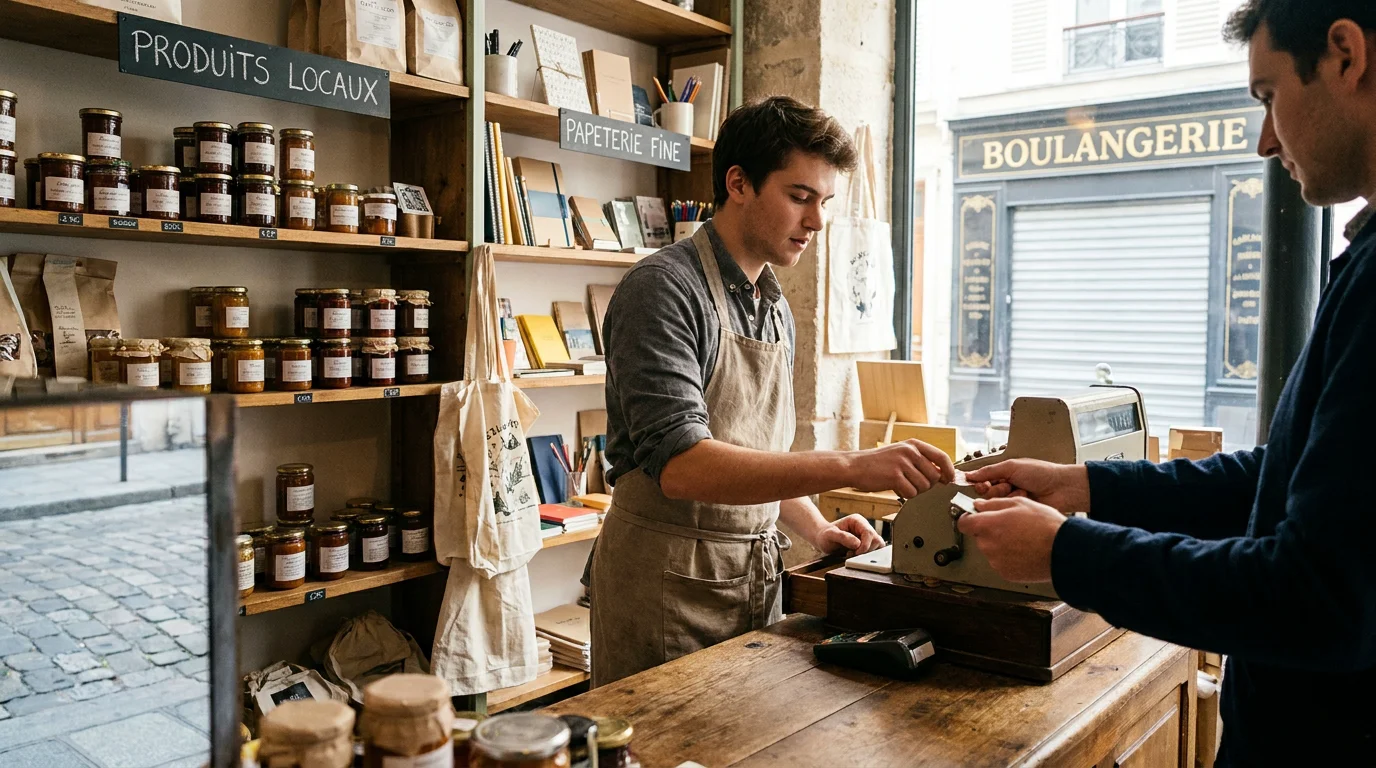 Étudiant travaillant en caisse dans un commerce parisien