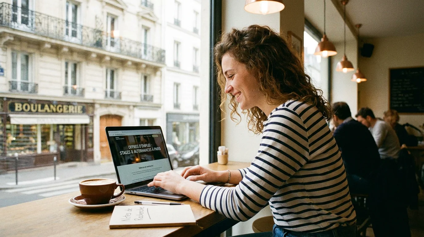 Étudiante recherchant un job sur un ordinateur dans un café parisien
