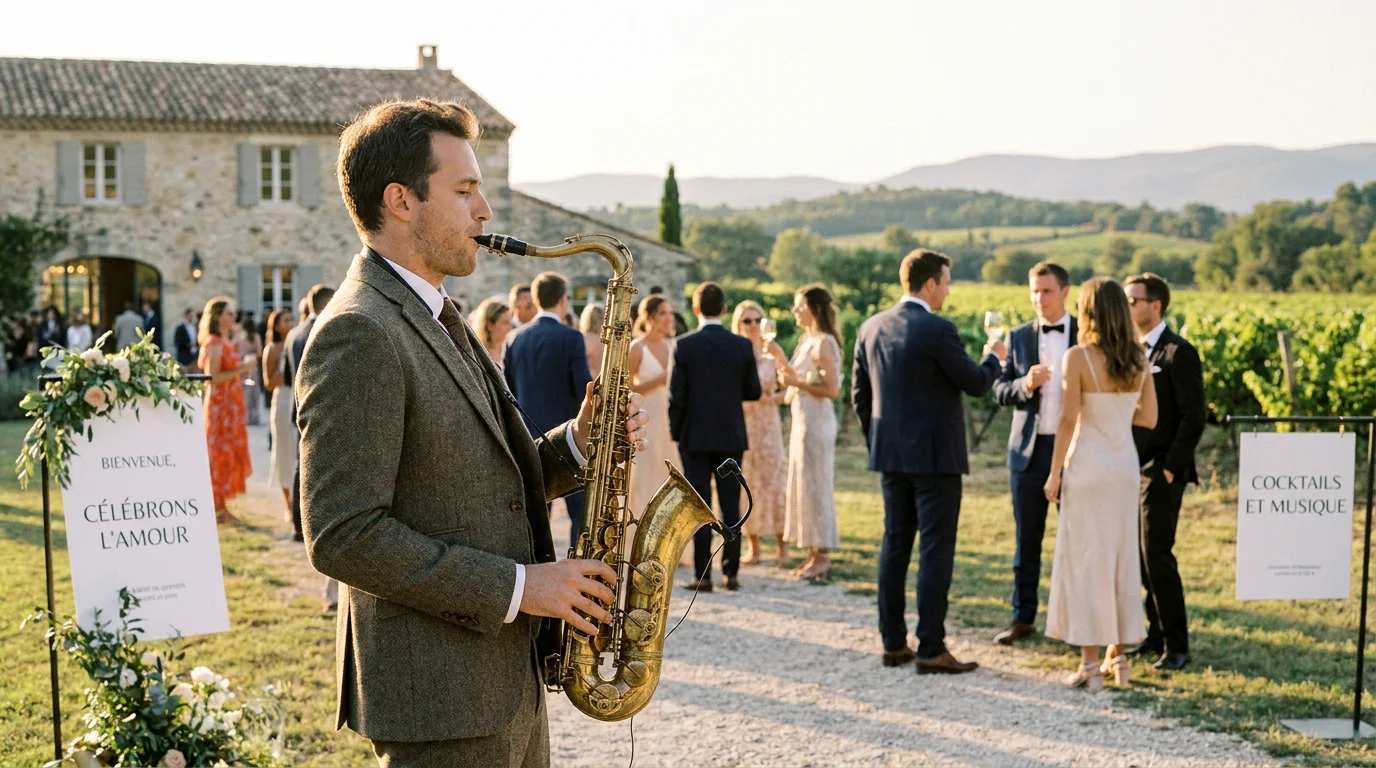 Saxophoniste jouant en live lors d'un cocktail de mariage en plein air en France