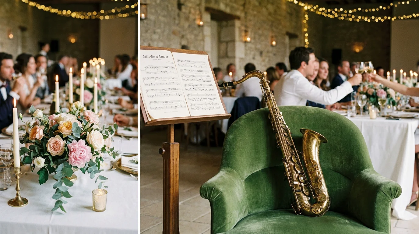 Saxophone posé dans un décor élégant de réception de mariage