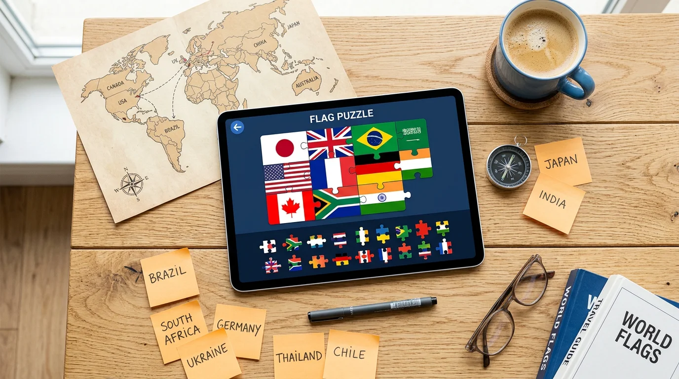 A tablet showing a flag puzzle beside a world map