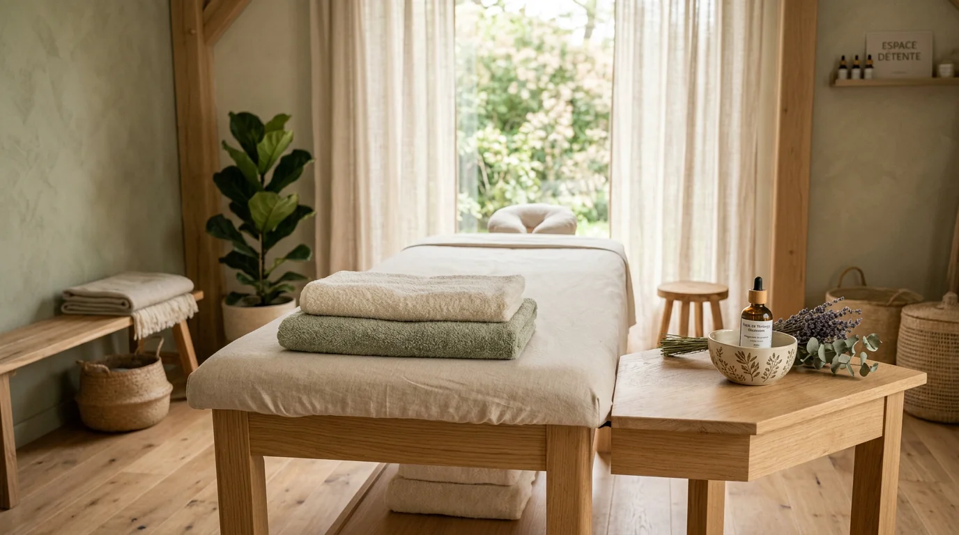 Cabine de massage bien-être au design épuré avec table en bois et lumière tamisée