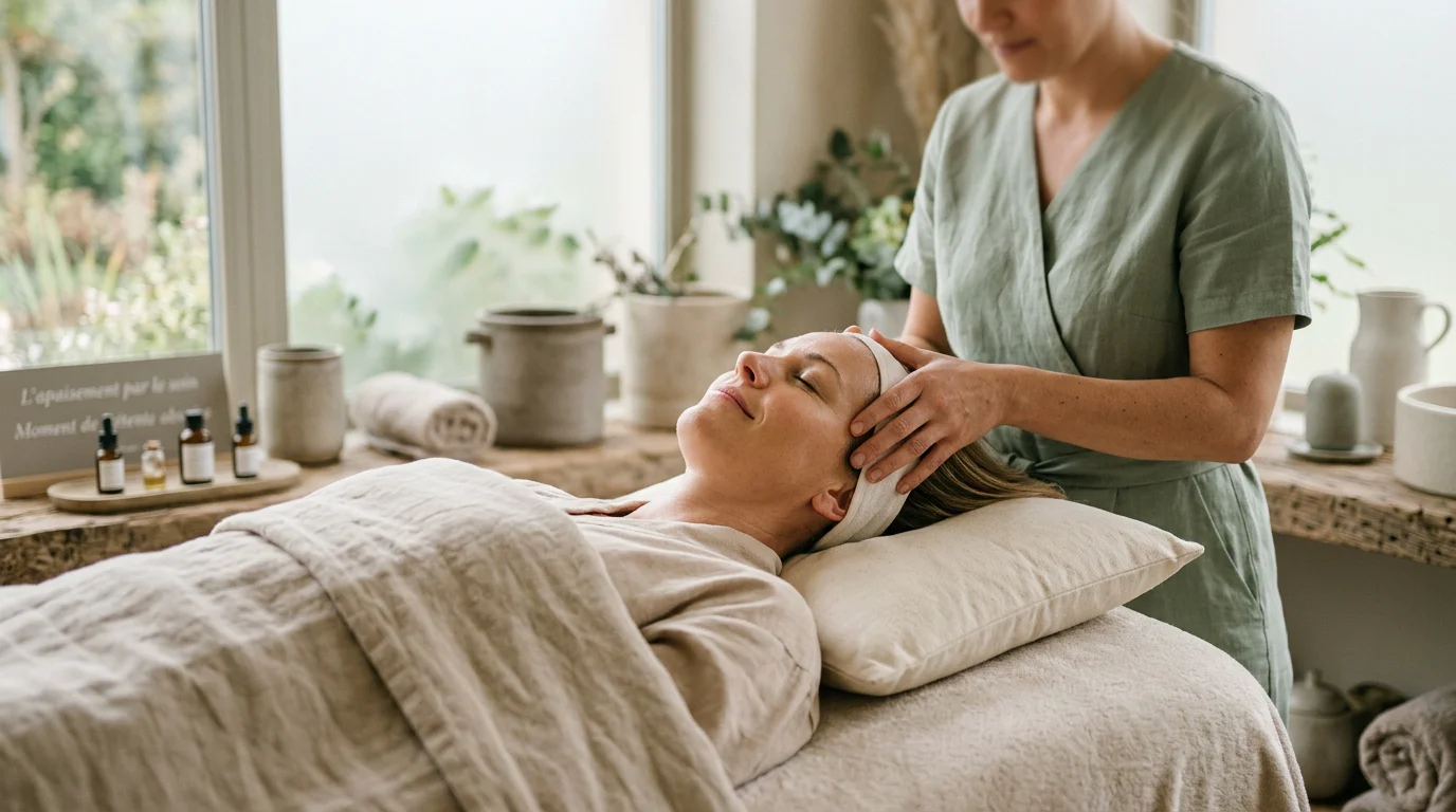 Femme détendue recevant un soin visage et cuir chevelu relaxant en institut