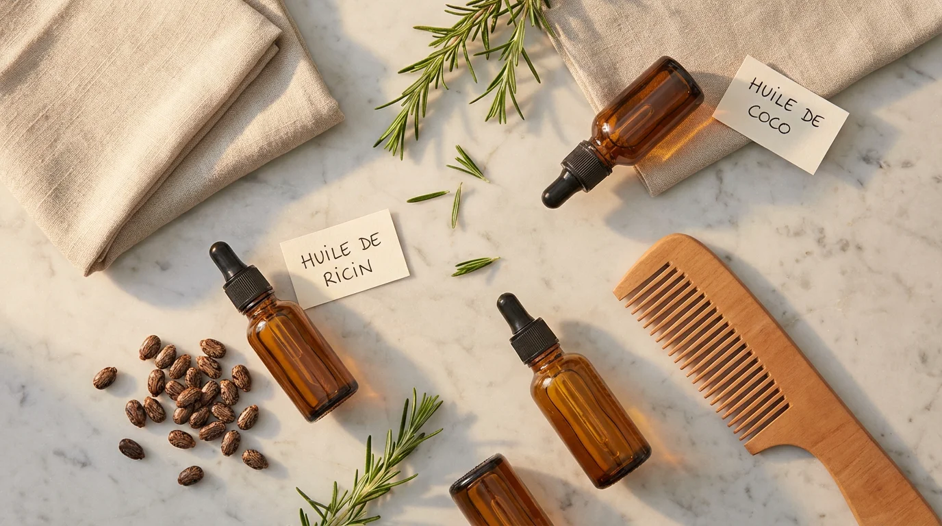 Composition flat lay d'huiles végétales naturelles et ingrédients pour la pousse des cheveux