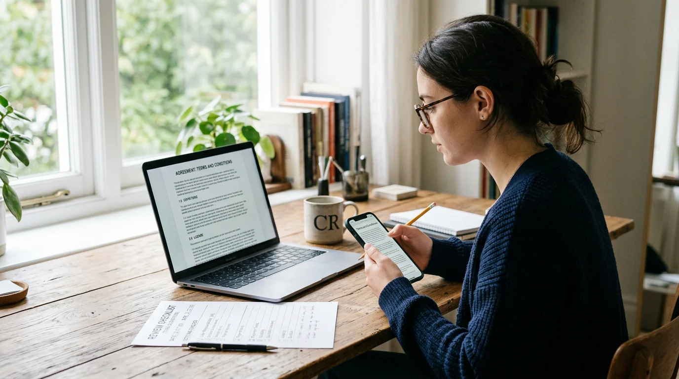Person reviewing casino bonus terms on a laptop and checklist