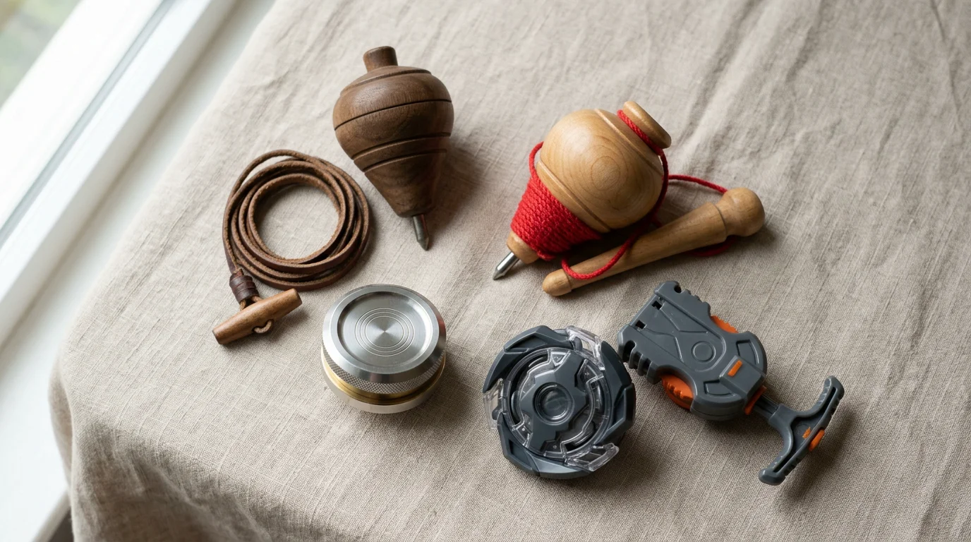 A flat lay of different types of spinning tops on a neutral background