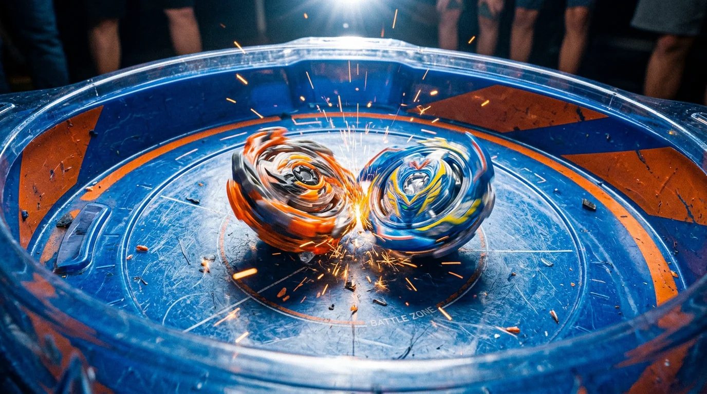 Two modern battle spinning tops clashing inside an arena