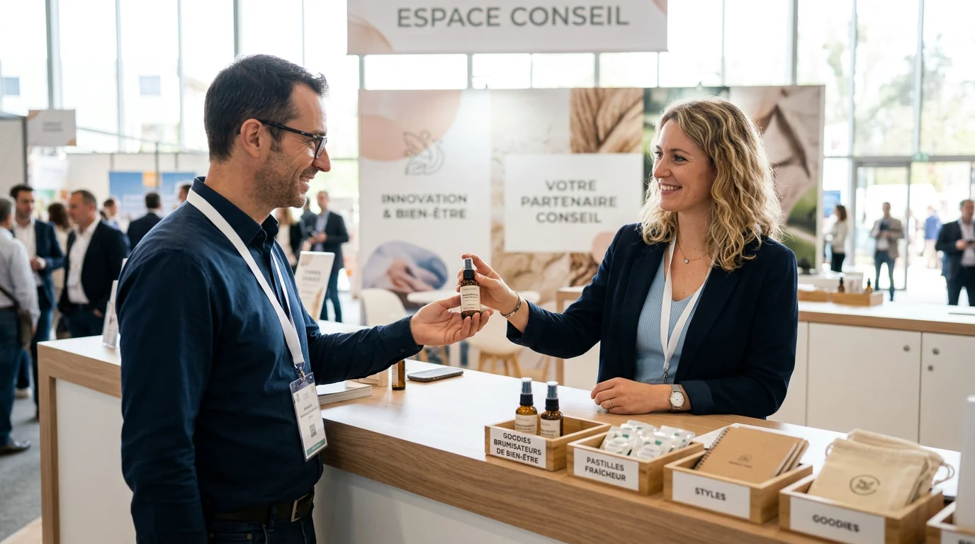 Distribution d'un brumisateur rafraîchissant sur un stand de salon professionnel