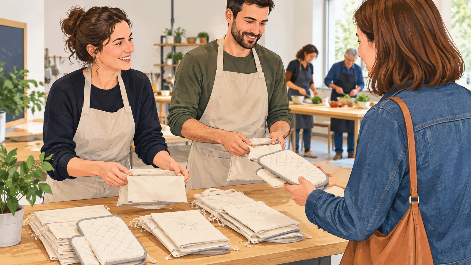 Préparation et distribution de maniques lors d’un atelier culinaire associatif